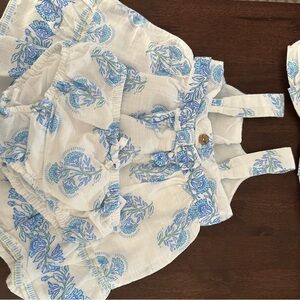 Blue Floral Print White Cotton Romper